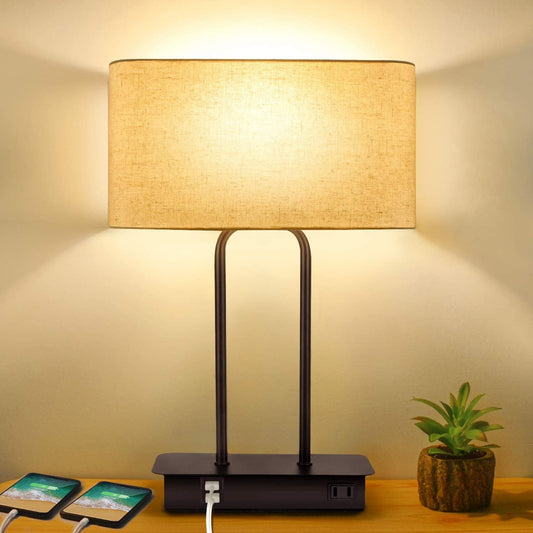 3-Way Dimmable Touch Control Table Lamp with 2 USB Ports and AC Power Outlet Modern Bedside Nightstand Lamp with Fabric Shade and Metal Base for Guestroom Bedroom Living Room & Hotel LED Bulb Included