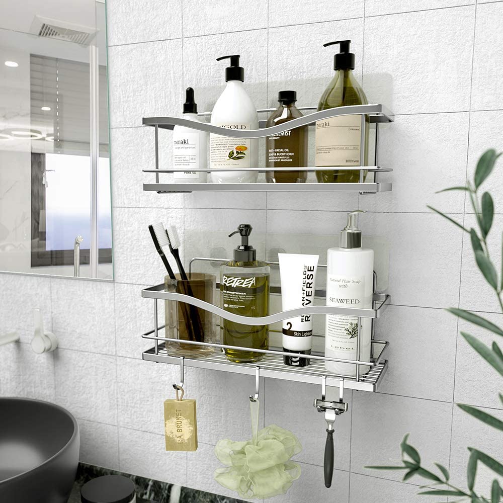 Shower Caddy Bathroom Shelf, No Drilling Traceless Adhesive Bathroom Storage Organizer, SUS304 Rustproof Food Storage Basket, 2-in-1 Kitchen Spice Racks-2 Pack (Polished Silver)…