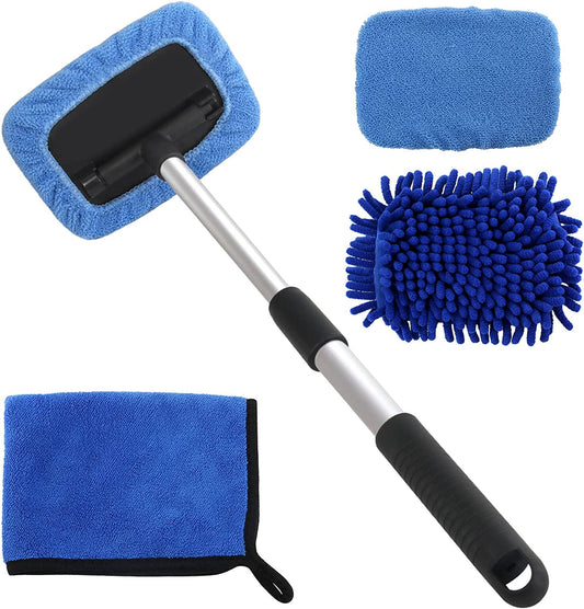 5 PCS Windshield Cleaning Tools, 18 inch Microfiber Car Window Cleaning Tool with Extendable Handle, Auto Interior Exterior Glass Wiper Car Glass Cleaner Kit with Microfiber Bonnet Pads and Cloth