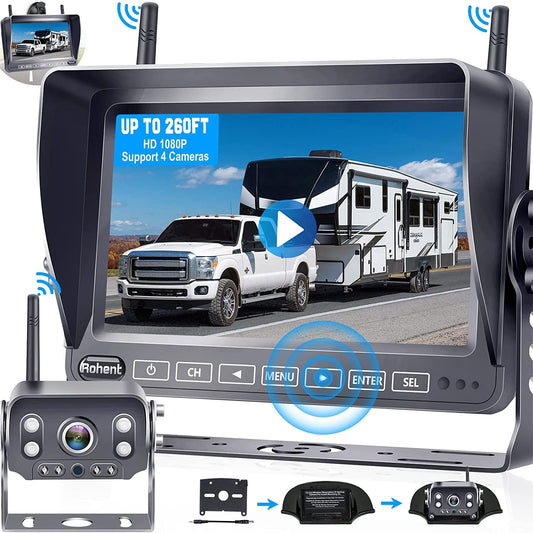 RV Backup Camera Wireless HD 1080P 7'' Touch Key DVR Monitor Rear View System Infrared Night Vision Waterproof for Truck Trailer Camper 4 Channels Adapter for Furrion Pre-Wired RVs Rohent R9