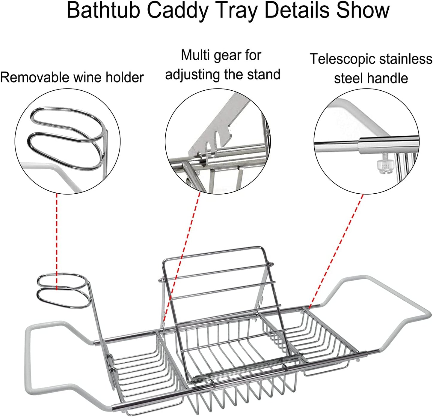 Insputer Stainless Steel Bathtub Caddy Tray, Expandable Bath Tub Tray Racks Shower Organizer for Luxury Bathroom with iPad Book Holder&Removable Wine Glass Holder Bath Accessories