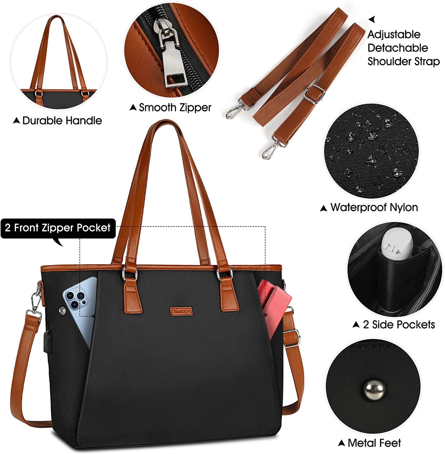 Laptop Bag for Women 15.6 Inch USB Teacher Bag Work Tote Bag Large Work Bags Waterproof Nylon Computer Tote Bag Lightweight Office Briefcase Shoulder Handbag Purse Black