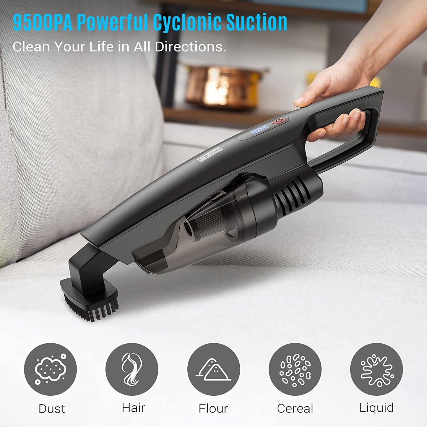 Handheld Vacuum Cordless, 150W High Power Rechargeable Wireless Car Vacuum Cleaner, 9500Pa Strong Suction w/4 Attachments for Home Office Car Pets Hair Cleaning(w/Storage Bag)