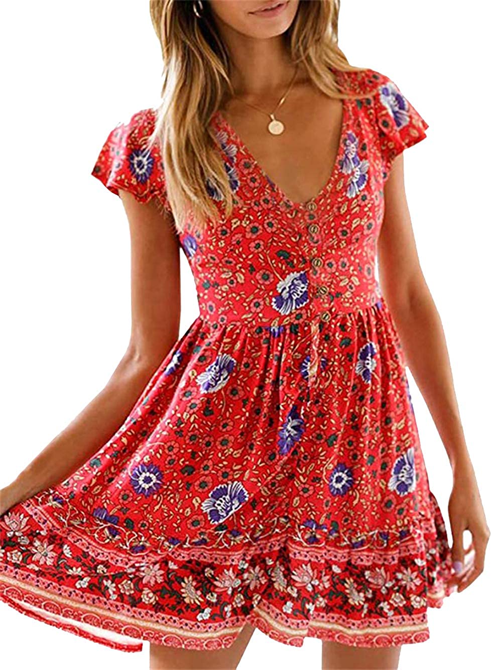 Women’s Summer Hot Short Sleeve V-Neck High Waist Floral Print Mini Boho Sun Dress with Button