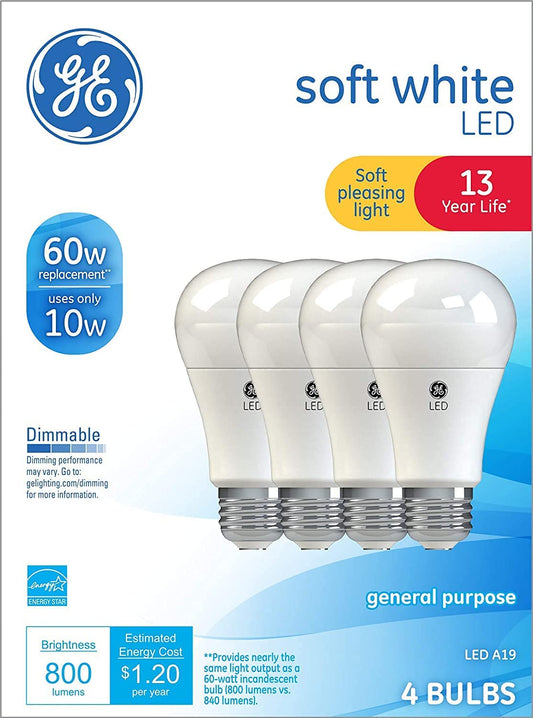 8 Pack GE LED 60W = 10W Soft White 60 Watt Equivalent A19 2700K Light Bulb