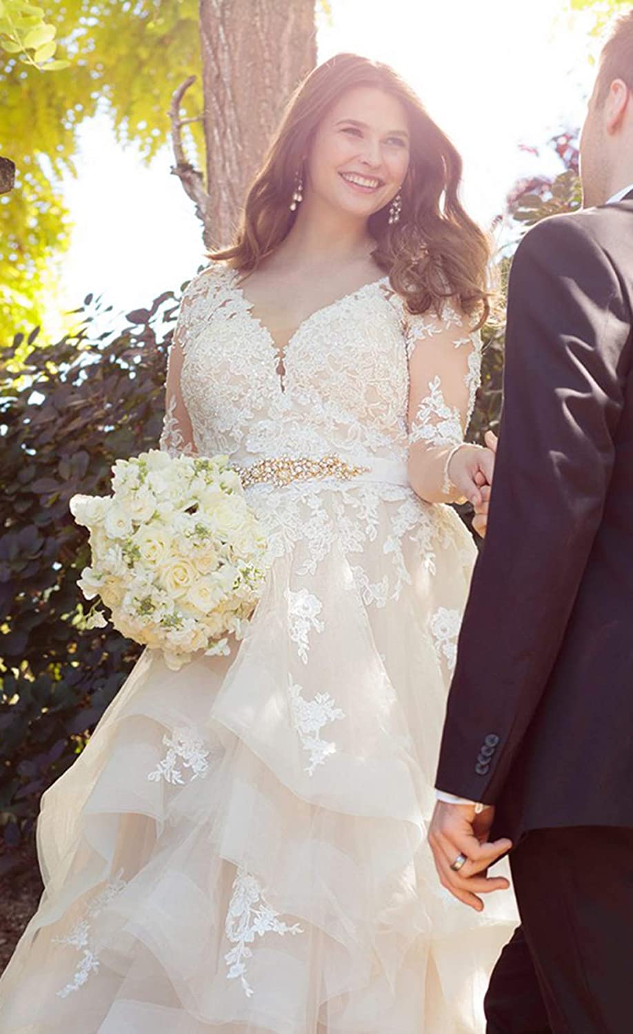 See Through Long Sleeve Applique Wedding Dresses Double V Neck Ruffled Organza Bridal Dress for Bride