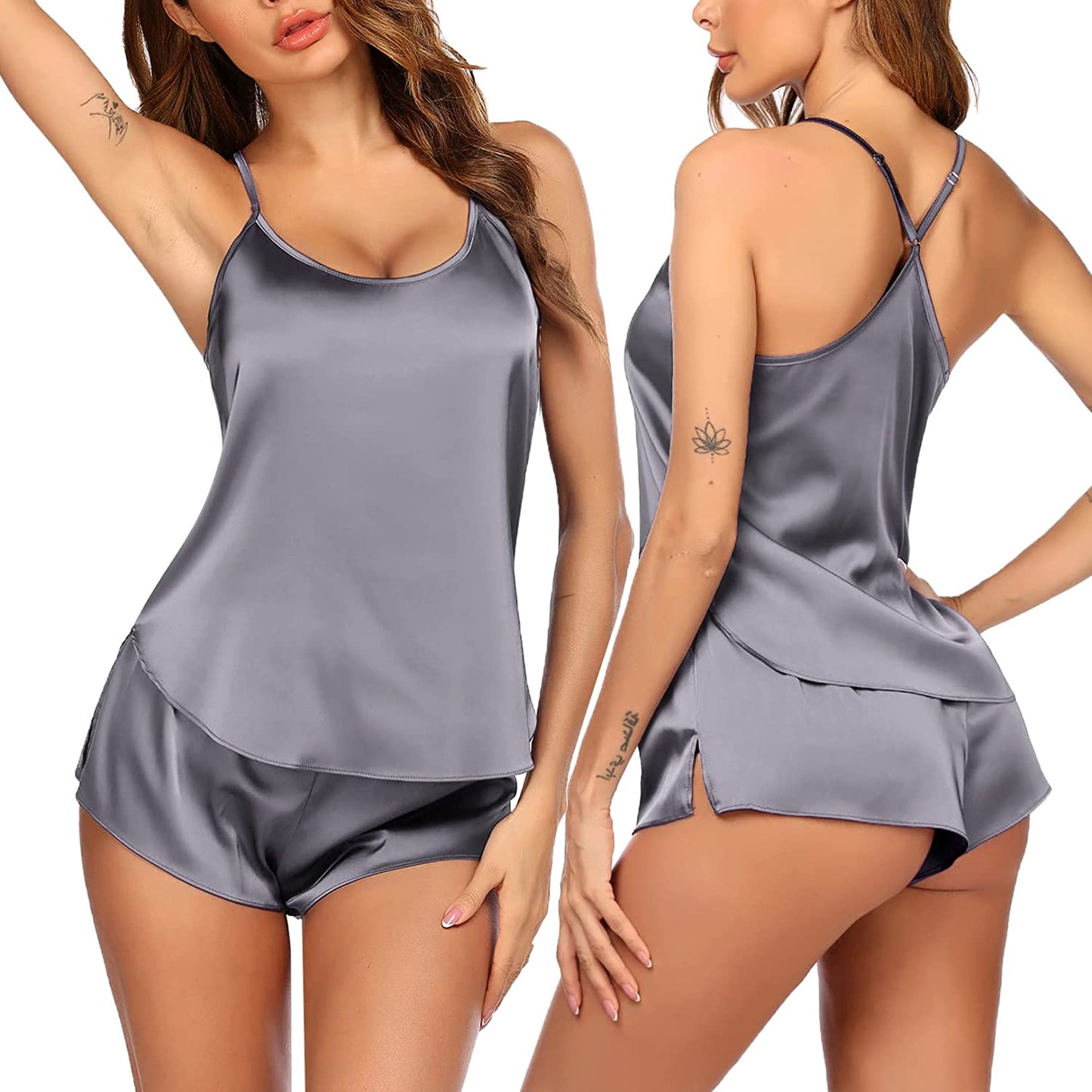 Women's Cami Shorts Sets Satin Sexy Lingerie Pajamas Silky Pjs Sleepwear O Neck Nightwear Lounge Set S-XXL