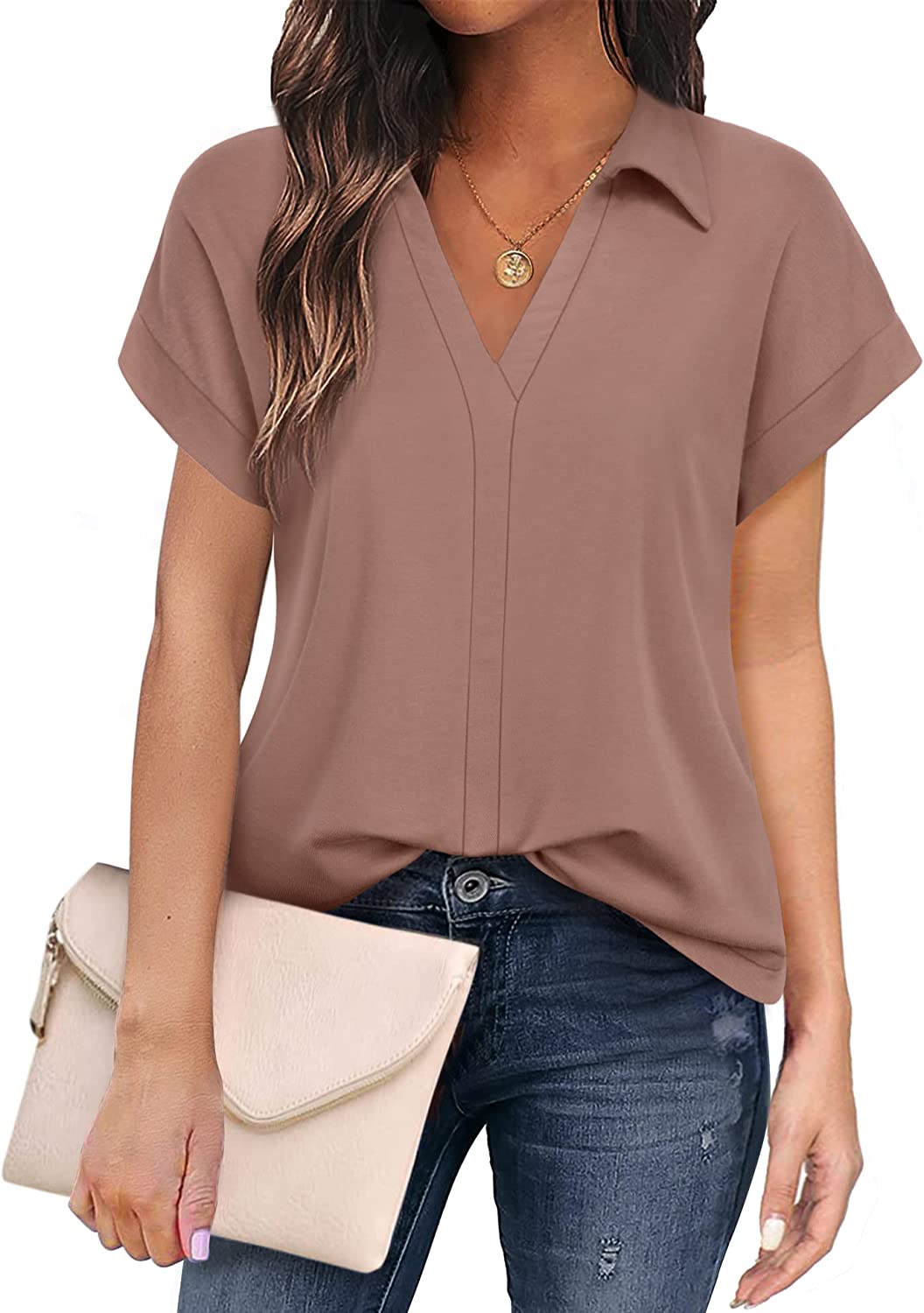 Women's Short Sleeve Tops and Blouses Business Casual Collared Tunic Shirt