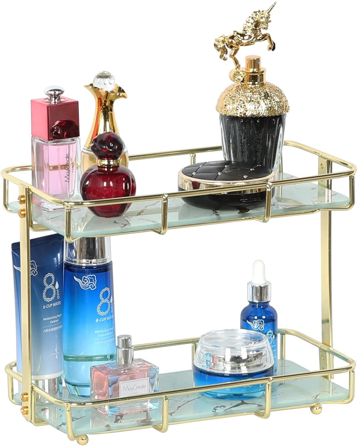 2-Tier Bathroom Organizer Countertop, Bathroom Countertop Storage Shelf with Removable Marble Glass Tray , Vanity Tray Cosmetic Organizer Holder Gold