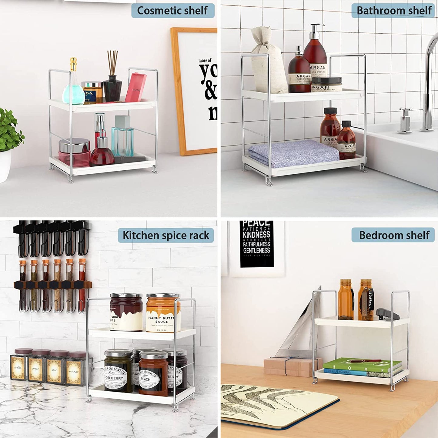 Sekepingo 2-Tier Kitchen Spice Rack Standing Shelf-Bathroom Countertop Organizer-Vanity Tray Cosmetic & Makeup Storage,Perfect Storage Shelf for Bathroom,Bedroom,Kitchen,Vanity,Silver