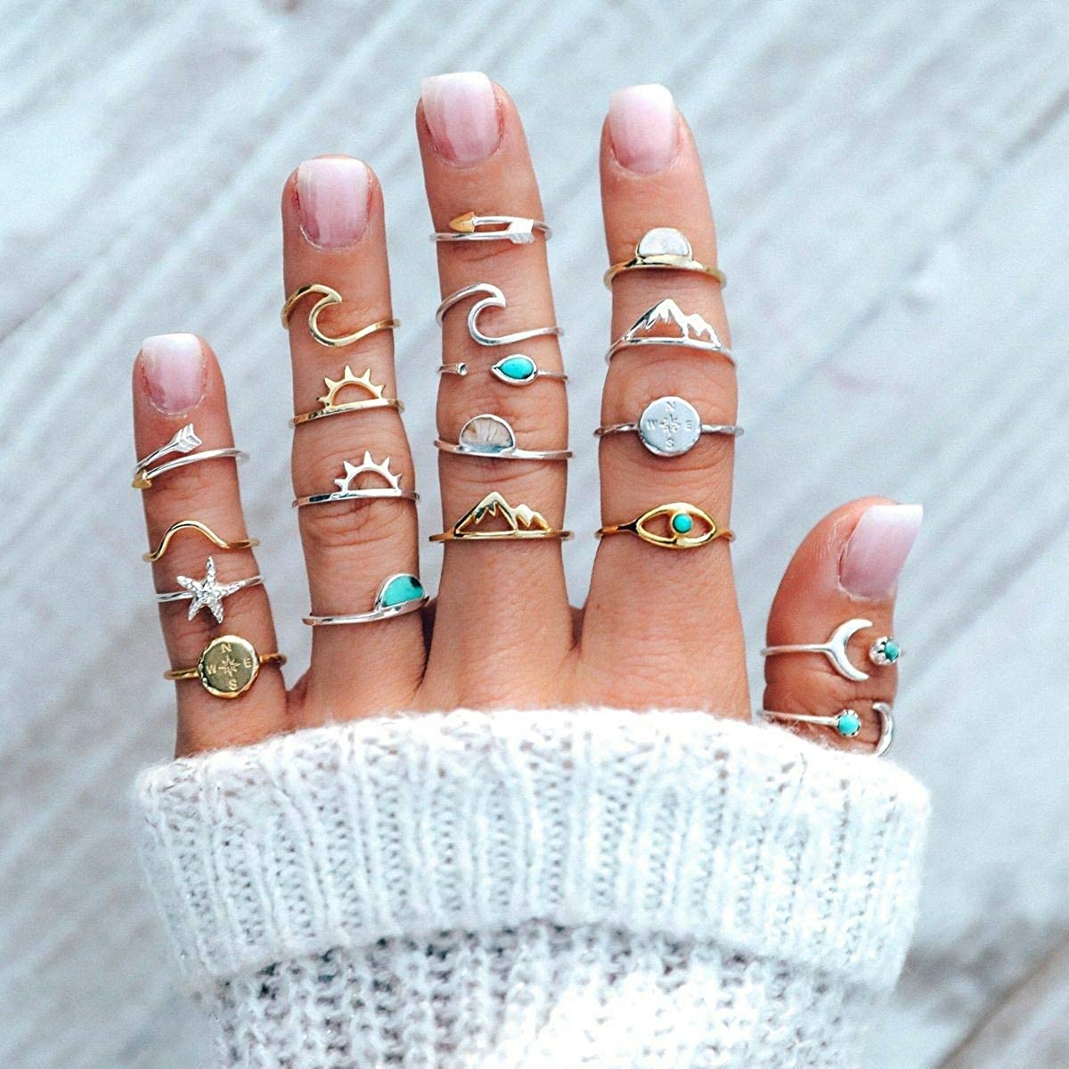 Boho Retro Stackable Rings Sets for Teens Girls Women,Peak Sea Wave Compass Turquoise Rhinestone Knuckle Joint Finger Kunckle Nail Ring Sets