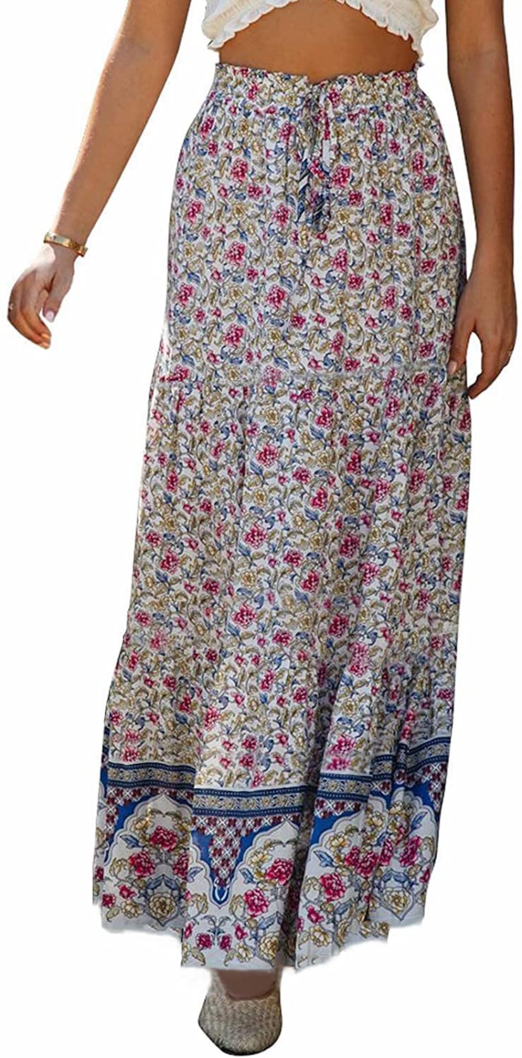 Women's Skirts Boho Floral Printed Elastic High Waist A Line Maxi Skirt with Pockets