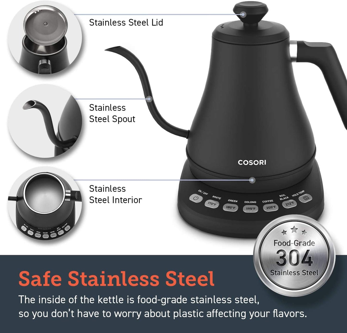 Electric Gooseneck Kettle with 5 Variable Presets, Pour Over Kettle & Coffee Kettle, 100% Stainless Steel Inner Lid & Bottom, 1200 Watt Quick Heating, 0.8L, Matte Black
