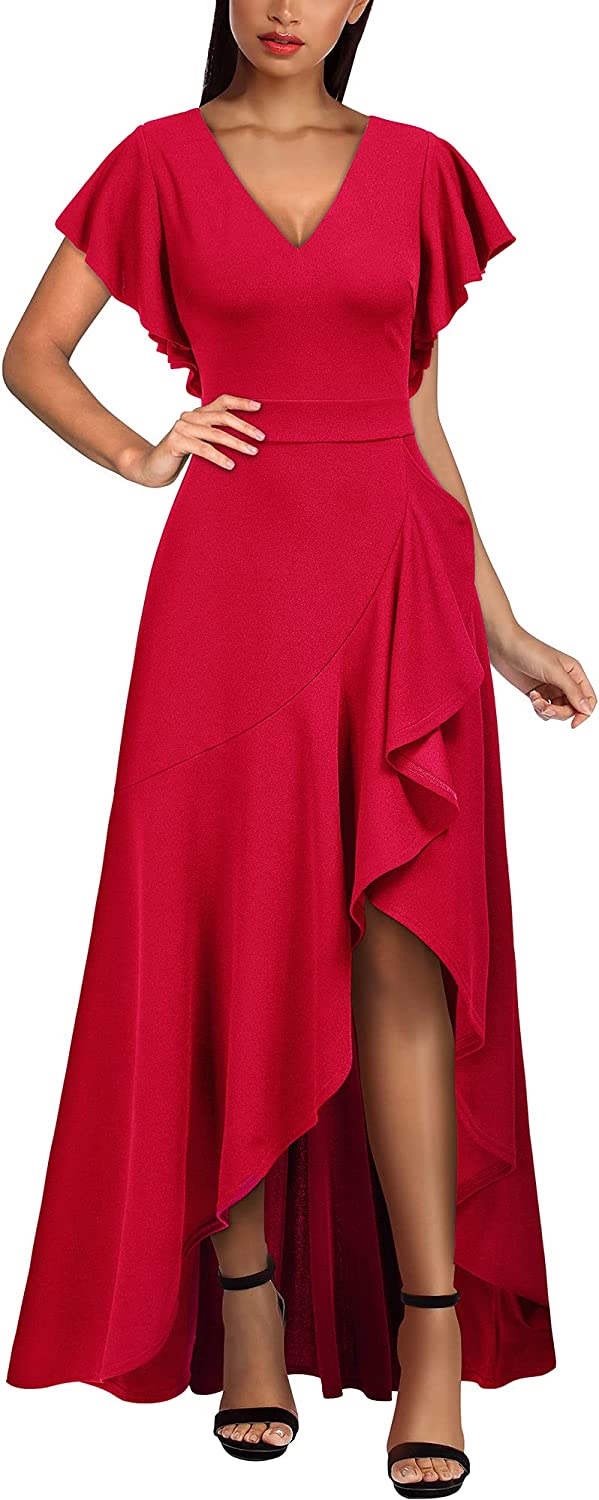 Women's Formal V Neck Ruffle Split Evening Party Long Dress