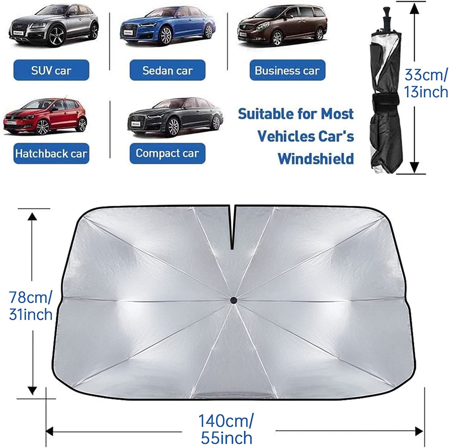 Car Windshield Sun Shade Umbrella, Upgraded Car Windshield Cover Sunshade 360°Rotation Bendable Shaft, UV Block for Car Front Window, Foldable sunshades Suitable for Most Cars and Trucks