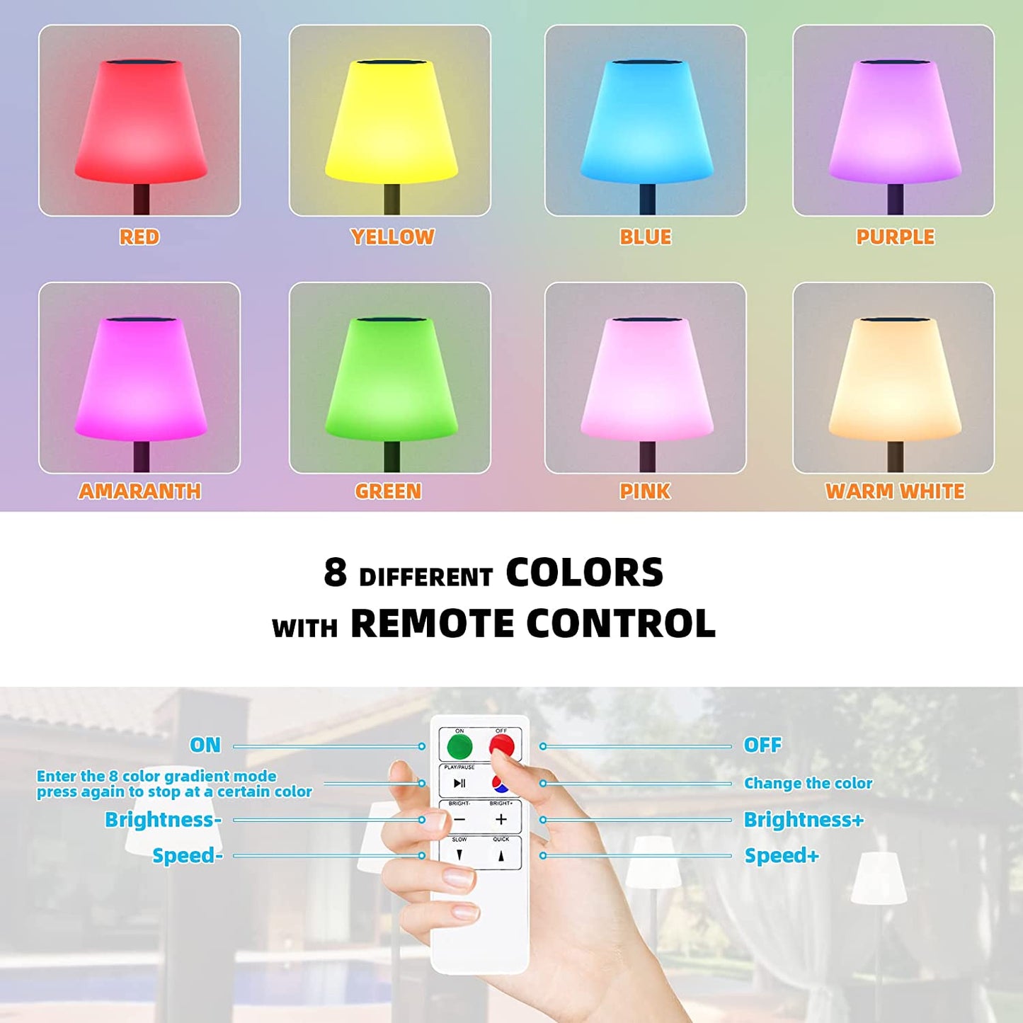 Outdoor Solar Floor Lamp Cordless, IP65 Waterproof RGB Colorful Dimmable with Remote Control, USB Rechargeable and Light Sensor, Height Adjustable with Metal Stable Base for Patio Lawn Yard Porch