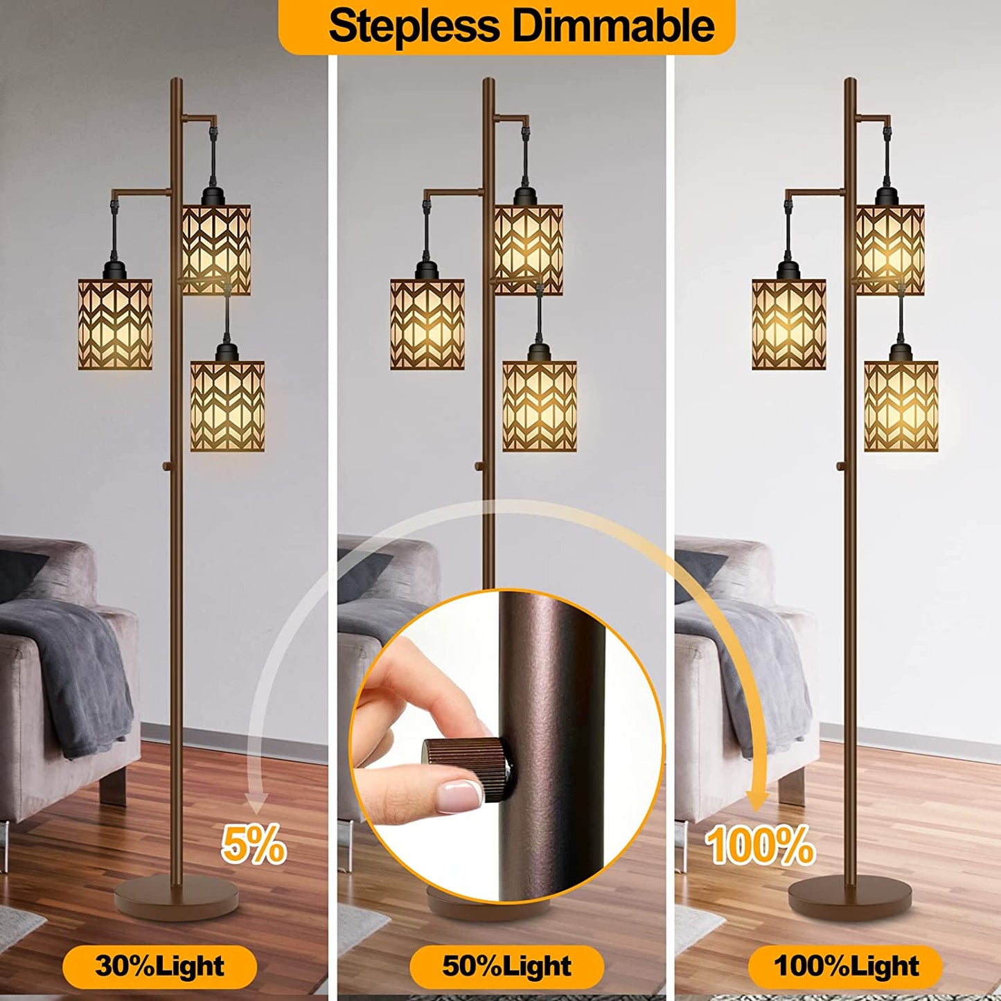 Dimmable Floor Lamp, Industrial Standing Floor lamp for Living Room, Oil-Rubbed Bronze Vintage Tree Lamp Farmhouse Rustic Tall lamp with 3 x 800LM LED Bulbs and Metal Shade for Bedrooms Living Room