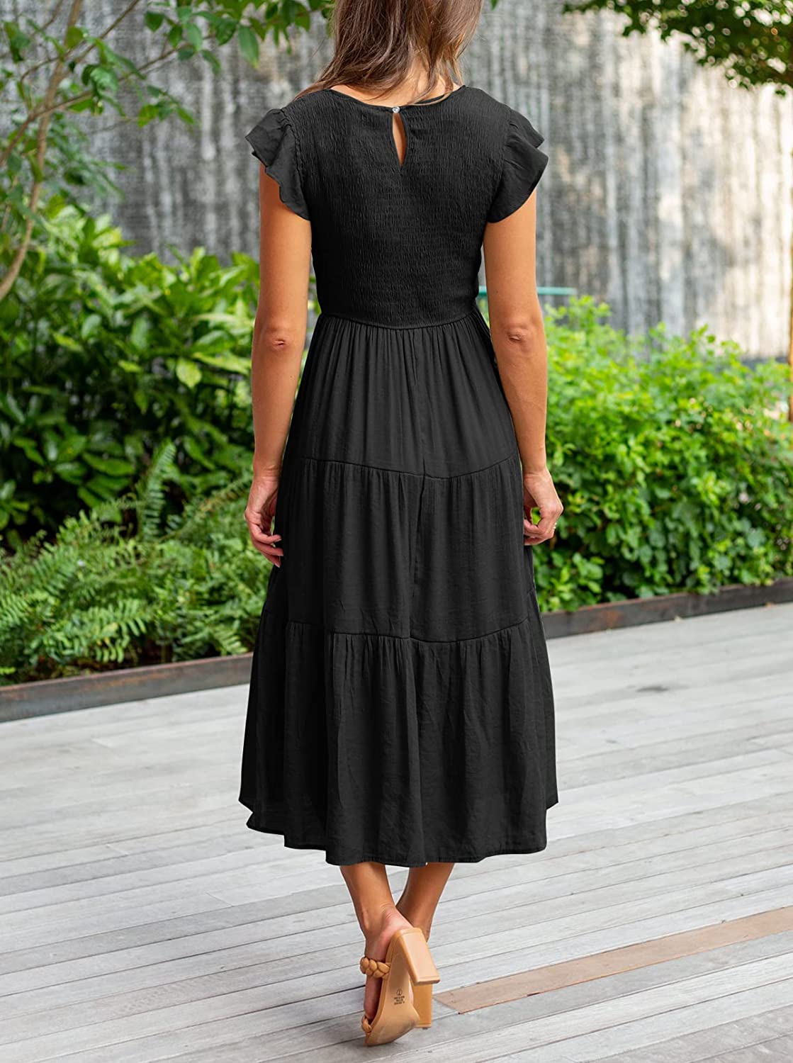 Women's Summer Casual Midi Maxi Dress Boho Flutter Sleeve Smocked A-Line Long Dress
