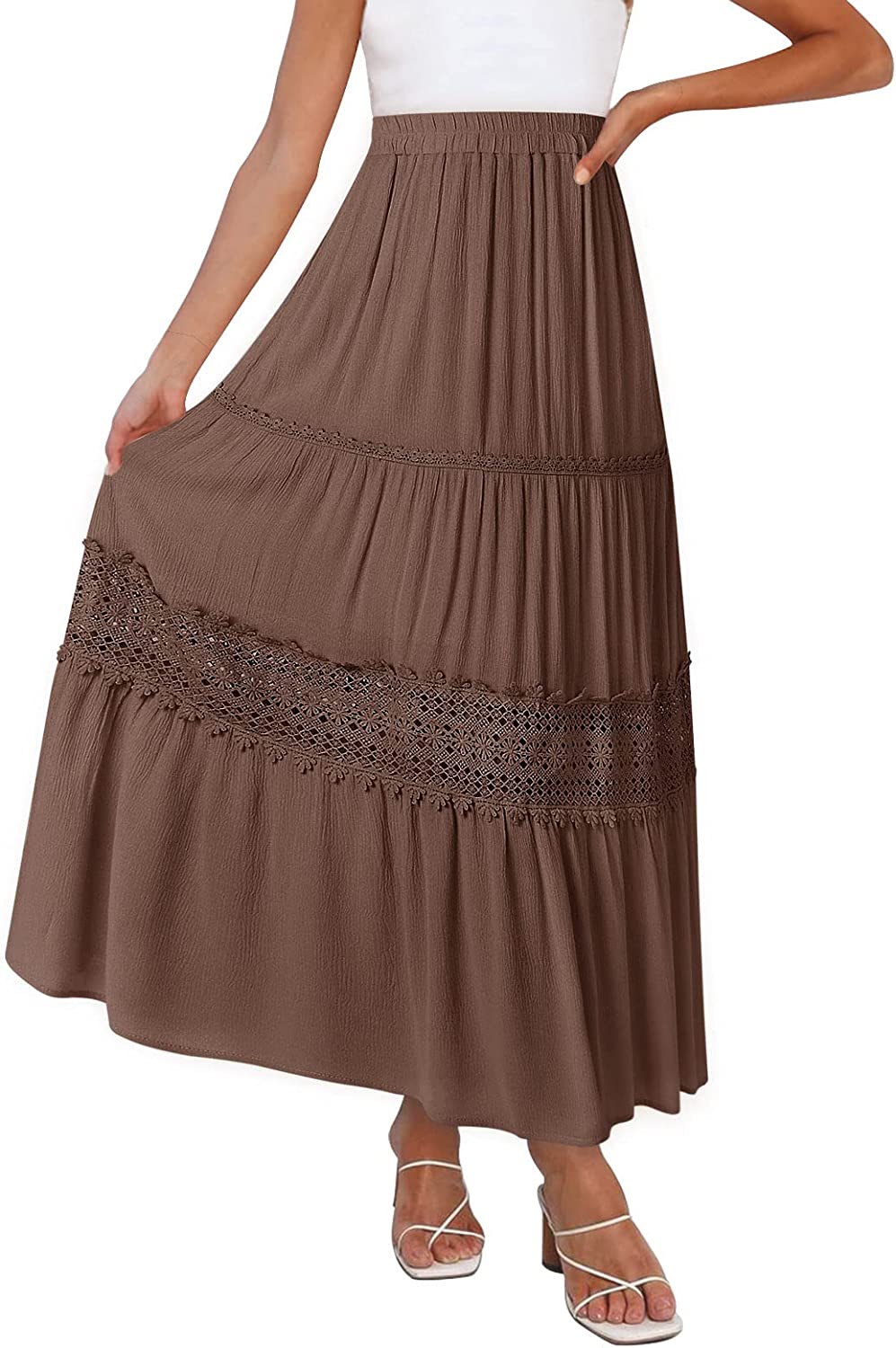 Women's Boho Elastic High Waist Pleated A-line Ruffle Lace Trim Tiered Midi Maxi Skirt with Pockets