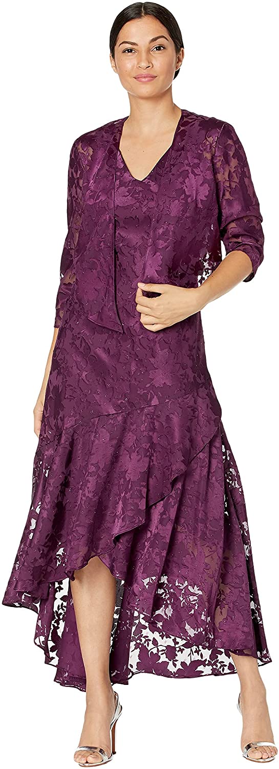 Evenings Women's Tea Length Printed Chiffon Dress with Shawl