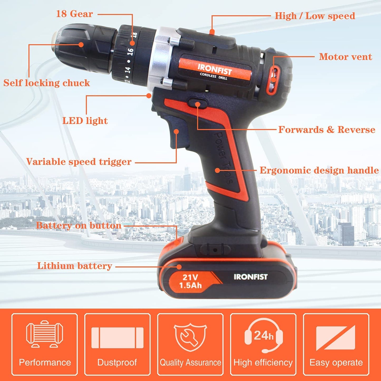 Cordless Drill, Screwdriver Impact Power Tools 21V Lithium Battery 45Nm Torque Setting with Led Light 2 Speed Driver