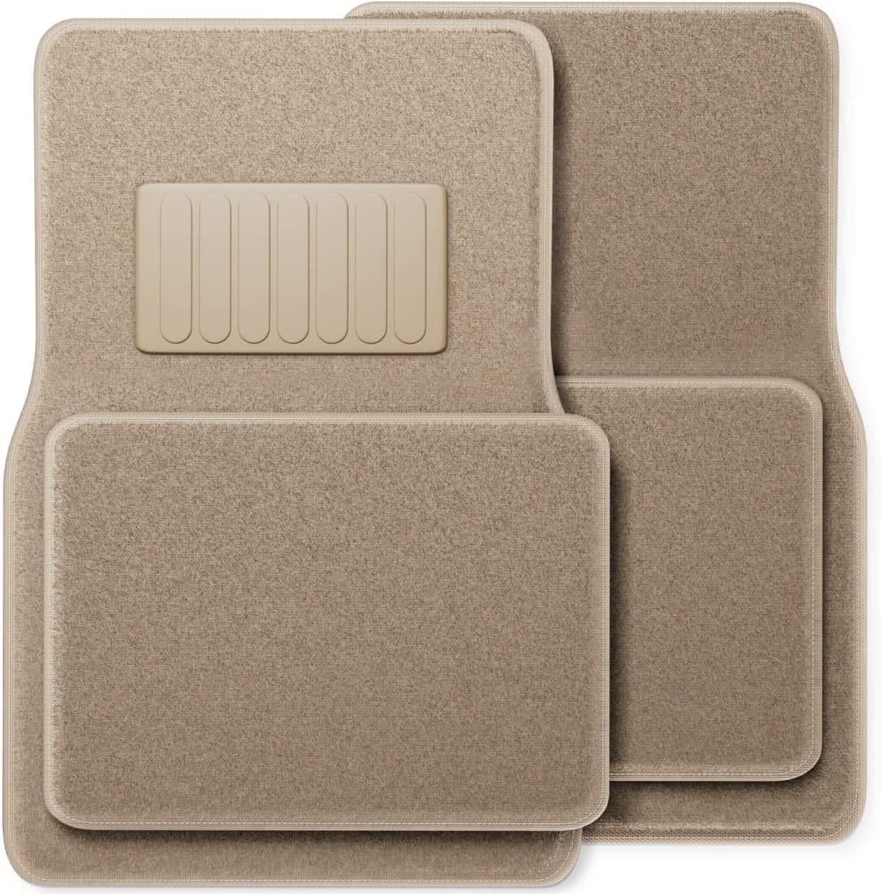 4pc Full Set Carpet Floor Mats, Universal Fit Mat for Car, SUV, Van Trucks - Front Rear, Driver Passenger Seat Beige