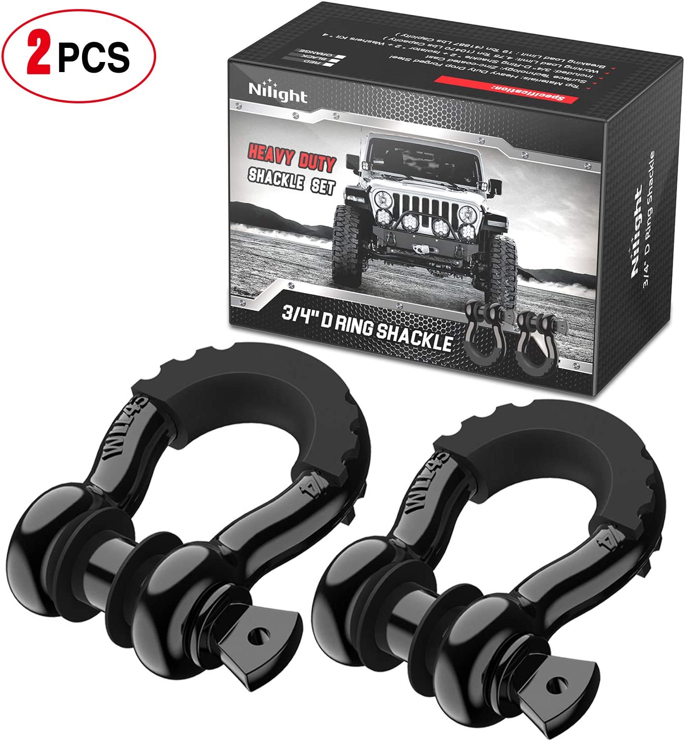 2 Pack 3/4" D-Ring Shackle 4.75 Ton (9500 Lbs) Capacity with 7/8" Pin Heavy Duty Off Road Recovery Shackle with Isolators & Washer Kit for Jeep Truck Vehicle, Red (90053B)
