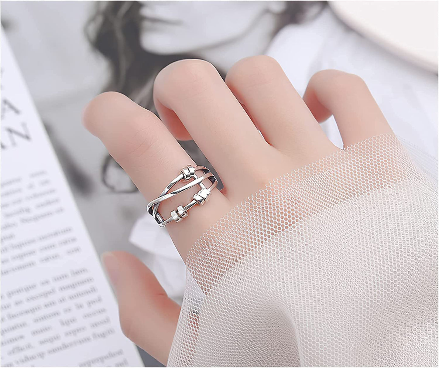 Silver Anti Anxiety Rings For Women Men Fidget Spinner Band Unisex Adjustable Stacking Spinning Worry Ring