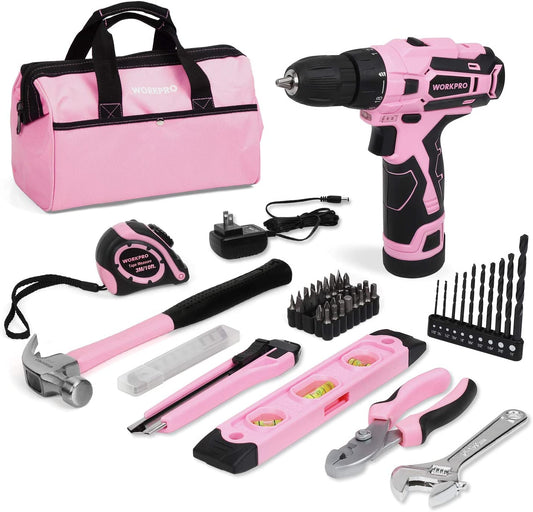 12V Pink Cordless Drill Driver and Home Tool Kit, 61-Piece Hand Tool Set for DIY, Home Maintenance, 14-inch Storage Bag Included - Pink Ribbon