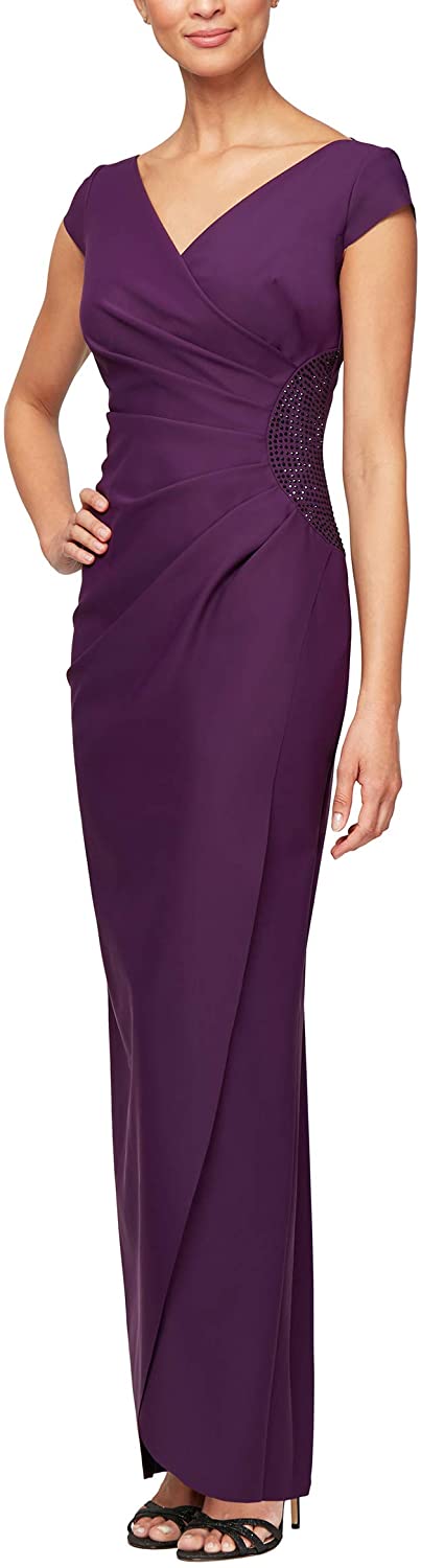 Evenings Women's Slimming Long Cap Sleeve Dress with Side Beaded Detail