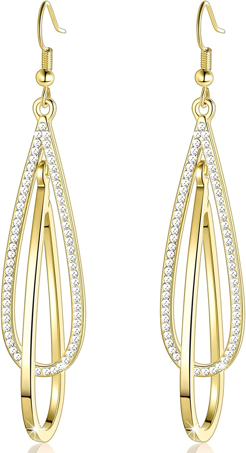 Earrings for women dangling, Crystal Drop Dangle Earrings Elliptical Ring Teardrop Women Girls Wedding Gift Rose Gold