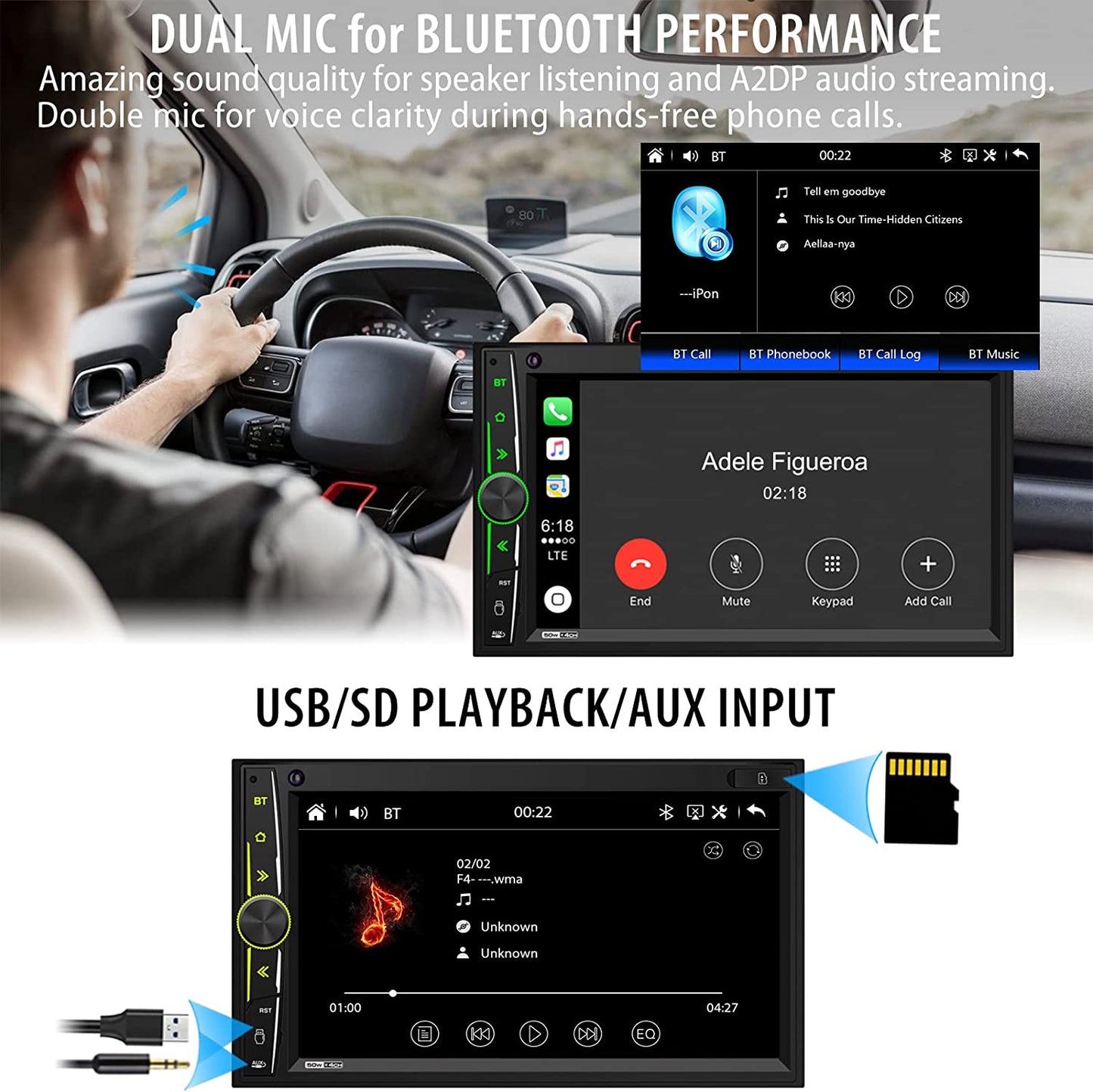 Carplay Android Auto: Double Din Car Radio 7 Inch HD Capacitive Touchscreen – Bluetooth Car Audio Receiver – LCD Display | Mirrorlink | Backup Camera | USB SD A/V Input | AM FM Radio