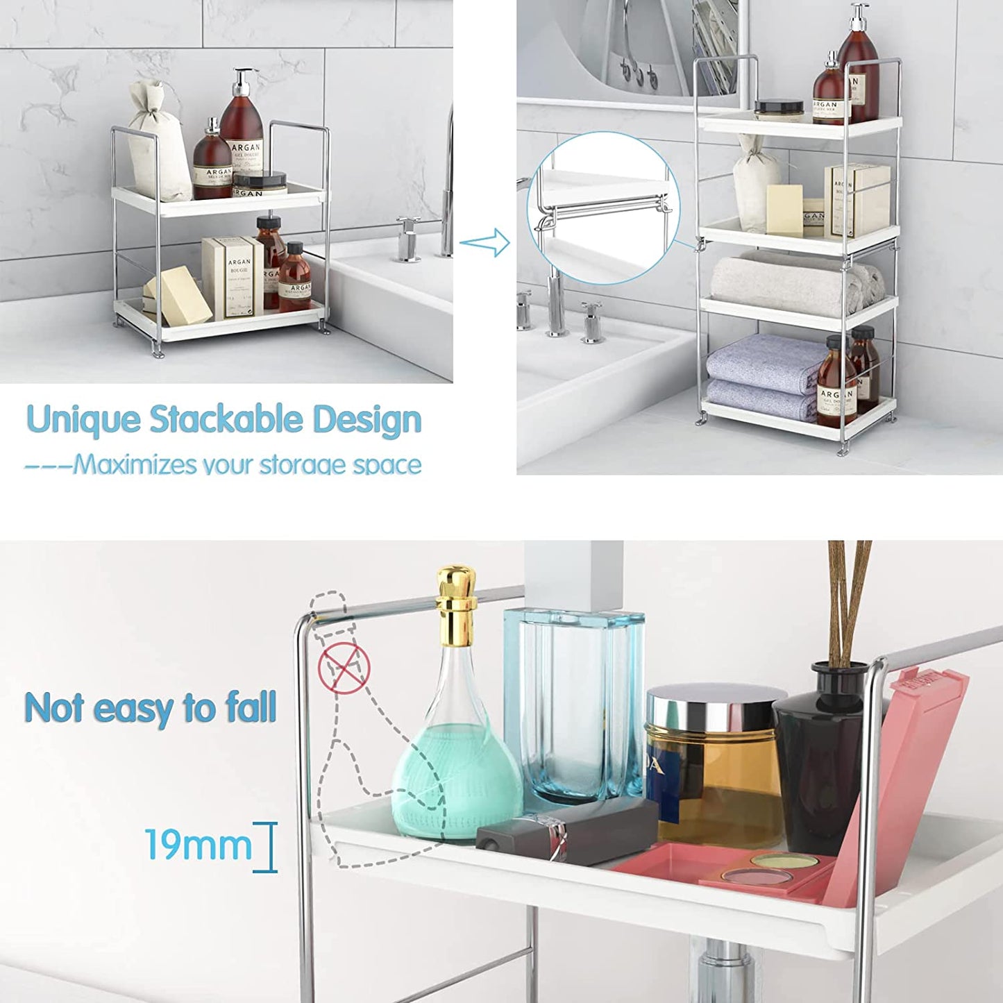 Sekepingo 2-Tier Kitchen Spice Rack Standing Shelf-Bathroom Countertop Organizer-Vanity Tray Cosmetic & Makeup Storage,Perfect Storage Shelf for Bathroom,Bedroom,Kitchen,Vanity,Silver