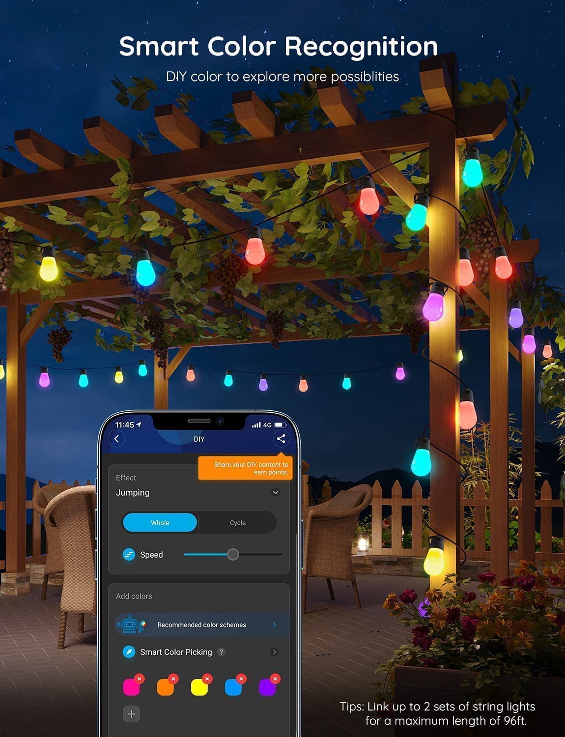 Outdoor String Lights, 96ft RGBIC Patio Lights with 30 Dimmable Warm White LED Bulbs, IP65 Waterproof WiFi APP Control Lights Work with Alexa, 40 Scene Modes for Balcony, Backyard, Party