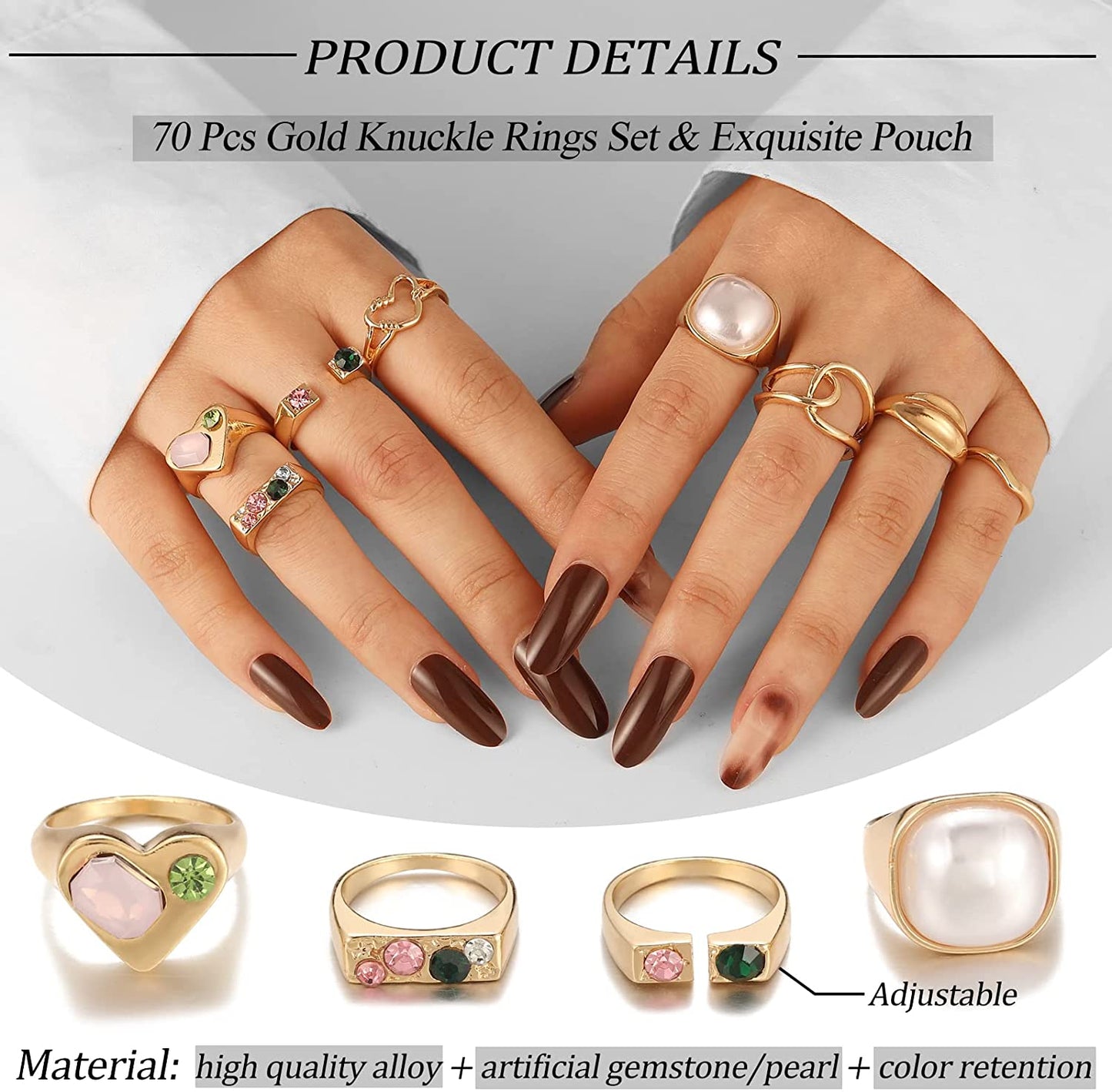 70 Pcs Vintage Gold Knuckle Rings Set for Women Girls, Boho Crystal Finger Rings Aesthetic Heart Chunky Ring, Silver Stackable Midi Rings Pack for Gift