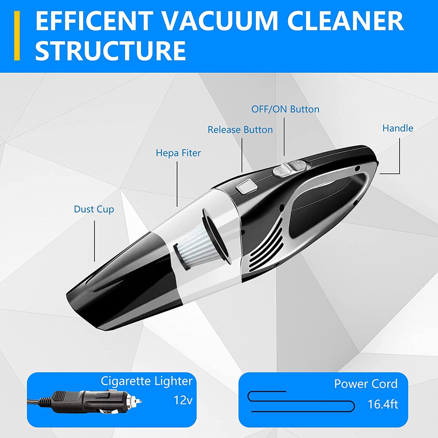 12KPa Portable Car Vacuum Cleaner High Power Wet Dry Handheld Mini Car Detailing Vacuum Cleaner for Car Carpet Seats Water Pet Dog Hair with 2 HEPA Storage Bag 16.4ft Corded Aspiradora para Carro