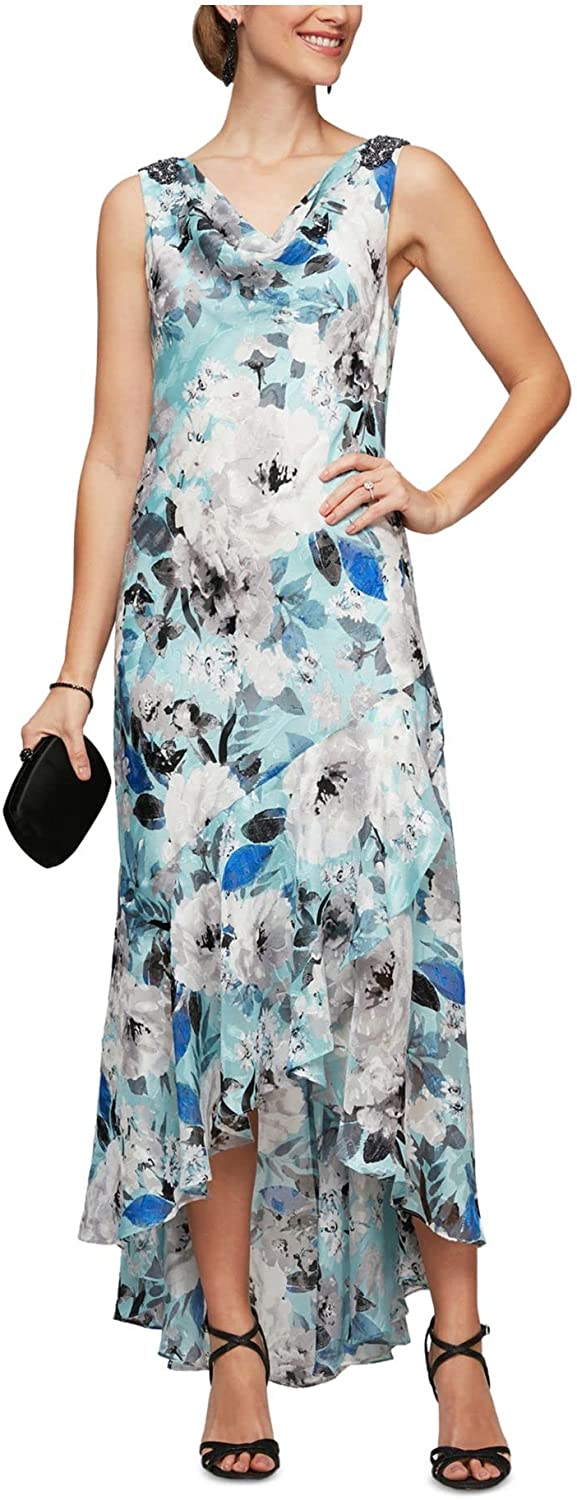 Evenings Women's Tea Length Printed Chiffon Dress with Shawl