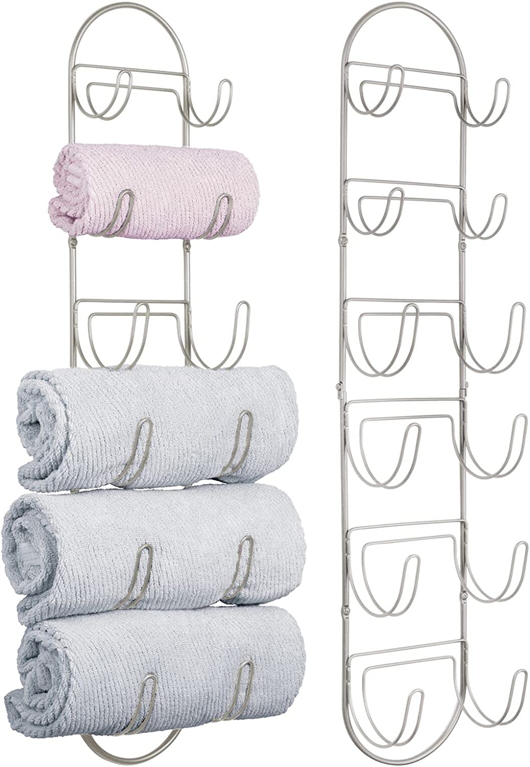 mDesign Steel Wall Mount Towel Rack with 6 Compartments - Towel Holder and Towel Storage Shelf Organizer for Bathroom, Powder Room - Concerto Collection - 2 Pack - Soft Brass