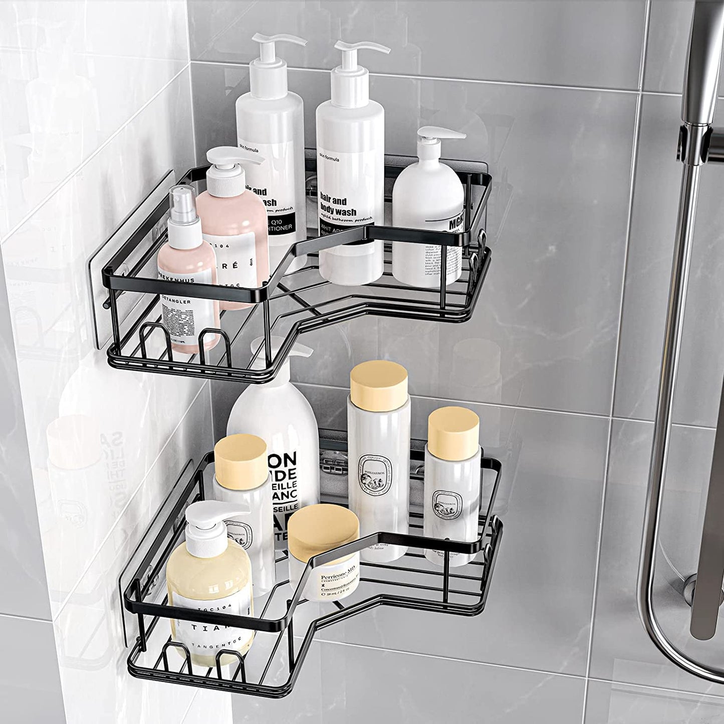 Corner Shower Caddy, Shower Organizer Corner Shower Shelf with 8 hooks,2-Pack Adhesive Stainless Steel MAXIFFE Shower Shelves for Bathroom Storage (Matte Black)