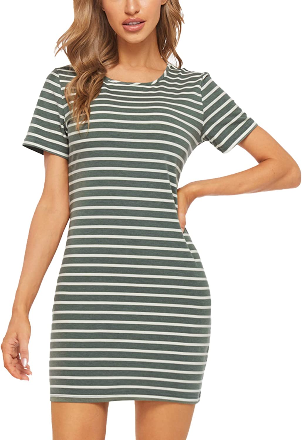Women's Casual Short Sleeve Striped Bodycon T Shirt Short Mini Dress