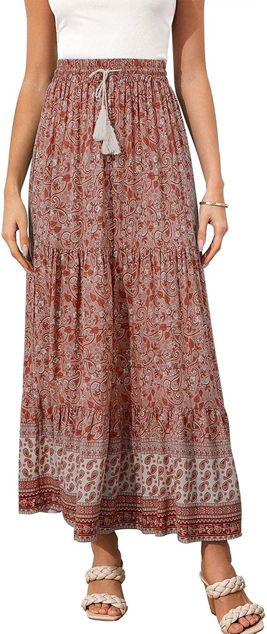 Women's Boho Maxi Skirts Elastic Waist A Line Flowy Tiered Button Split Floral Skirt