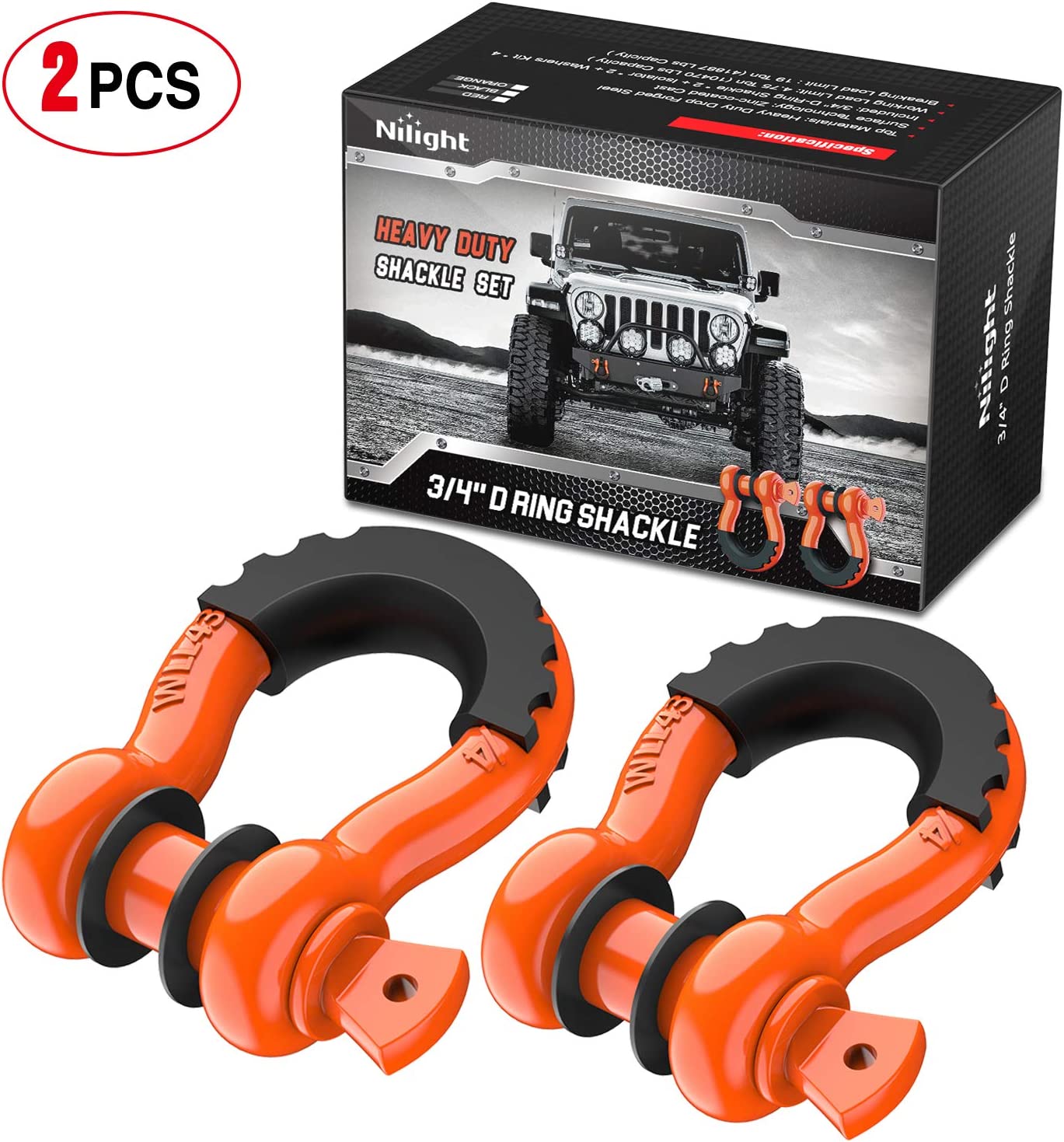 2 Pack 3/4" D-Ring Shackle 4.75 Ton (9500 Lbs) Capacity with 7/8" Pin Heavy Duty Off Road Recovery Shackle with Isolators & Washer Kit for Jeep Truck Vehicle, Red (90053B)