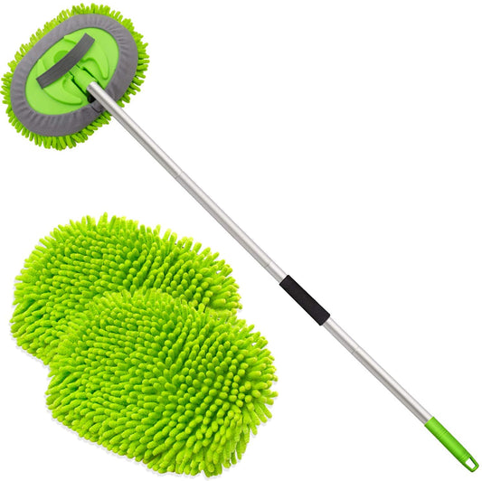 62" Microfiber Car Wash Brush Mop Kit Mitt Sponge with Long Handle Car Cleaning Supplies Kit Duster Washing Car Tools Accessories, 1 Chenille Scratch-Free Replacement Head Aluminum Alloy Pole
