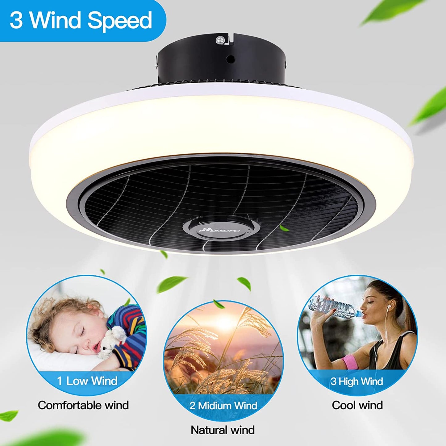 Ceiling Fan with Lights Remote Control, 18 inches 3 Colors 3 Speeds Enclosed Ceiling Fan, Small Caged Low Profile Fush Mount Ceiling Fan with Light for Bedroom Kitchen