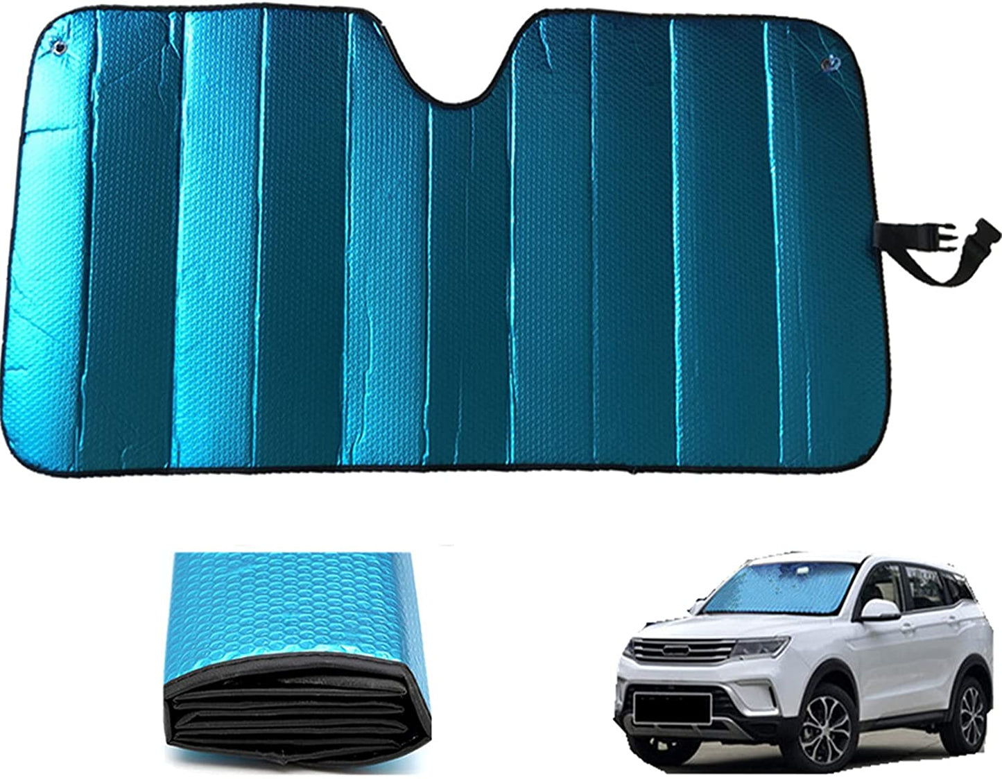 Car Windshield Sunshade-Thicken 5-Layer Bubble Block Heat and Sun UV Rays,Front Windshield Sun Shade,Sun Visor for Car- Keeps Your Vehicle Cool - 58 x 27.5 Inch (Blue)