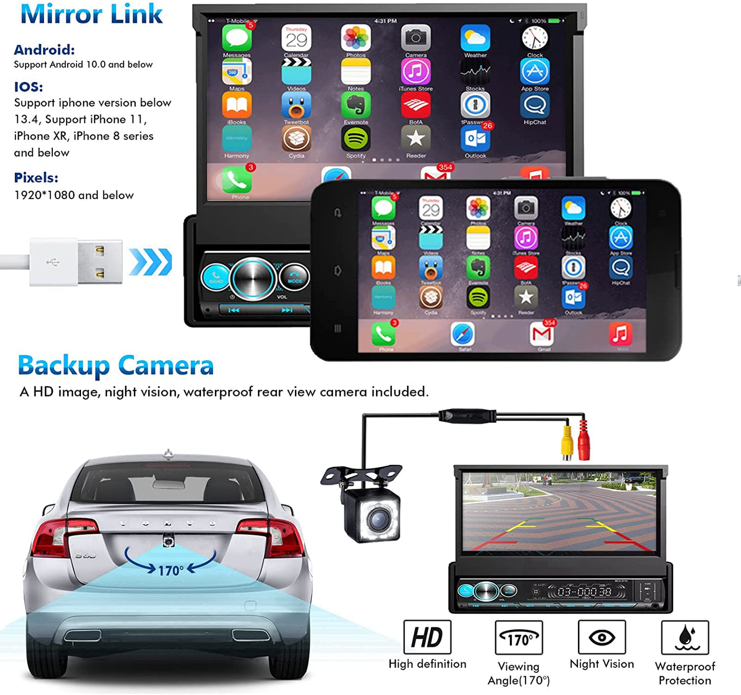 Single Din Car Stereo with CarPlay and Android Auto, Bluetooth Car Stereo with Backup Camera 7Inch flip Out Touch Screen Car Radio MP5 Player Support USB, TF, Radio, Aux-in, SWC,Mirror Link
