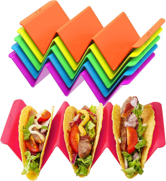 Colorful Taco Holder Stands Set of 6 - Premium Large Taco Tray Plates Holds Up to 3 or 2 Tacos Each, PP Health Material Very Hard and Sturdy, Dishwasher & Microwave Safe