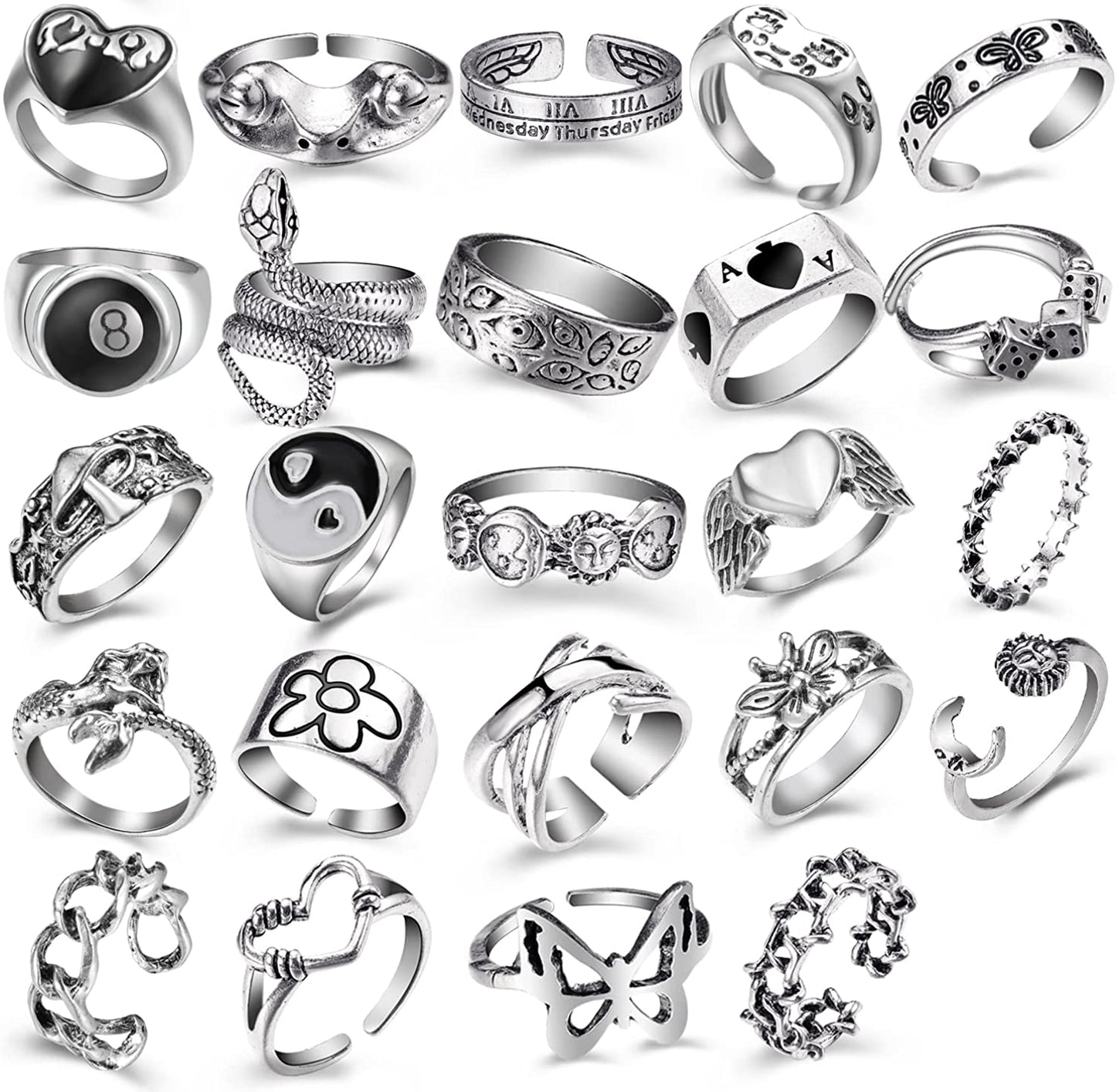 Vintage Silver Chain Punk Finger Rings for Men Women Girls,Cool Gothic Hip Pop Adjustable Full Four Open Rings,Statement Stackable Rings Set,Skull Snake Butterfly Flower Heart Eboy Emo Y2K Ring Set