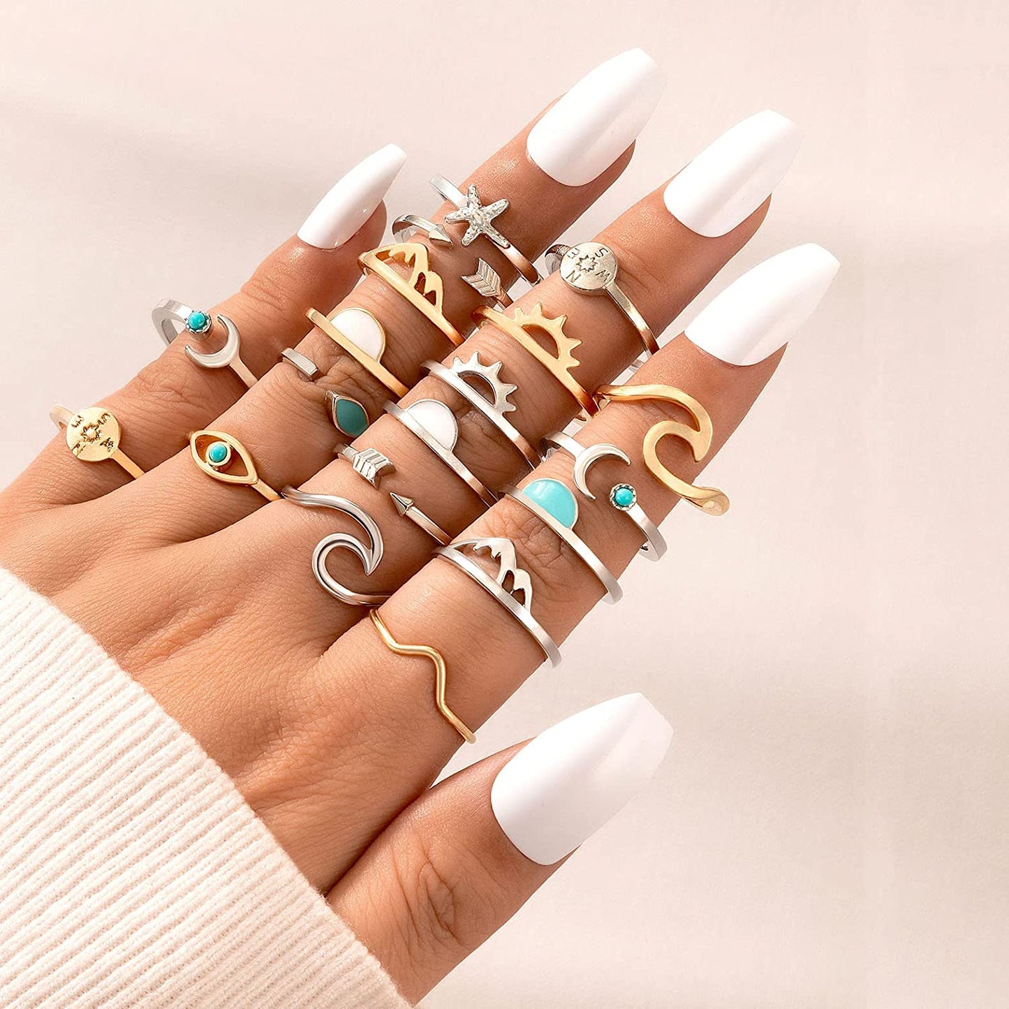 Boho Retro Stackable Rings Sets for Teens Girls Women,Peak Sea Wave Compass Turquoise Rhinestone Knuckle Joint Finger Kunckle Nail Ring Sets