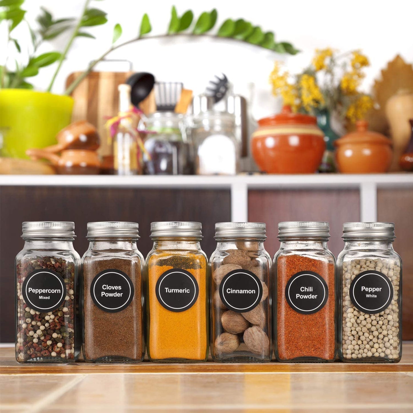 36 Pcs Glass Spice Jars with Spice Labels - 4oz Empty Square Spice Bottles - Shaker Lids and Airtight Metal Caps - Chalk Marker and Silicone Collapsible Funnel Included